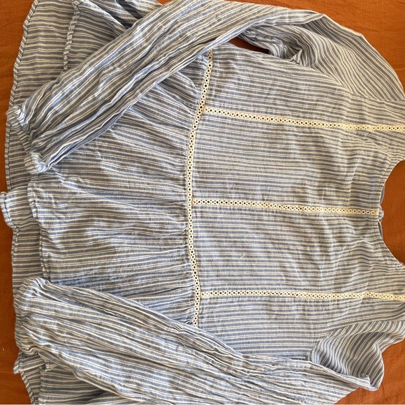 Copper Key Blue White Striped Tie Lace Peplum Long Sleeve 100% Cotton Blouse M - Picture 4 of 4